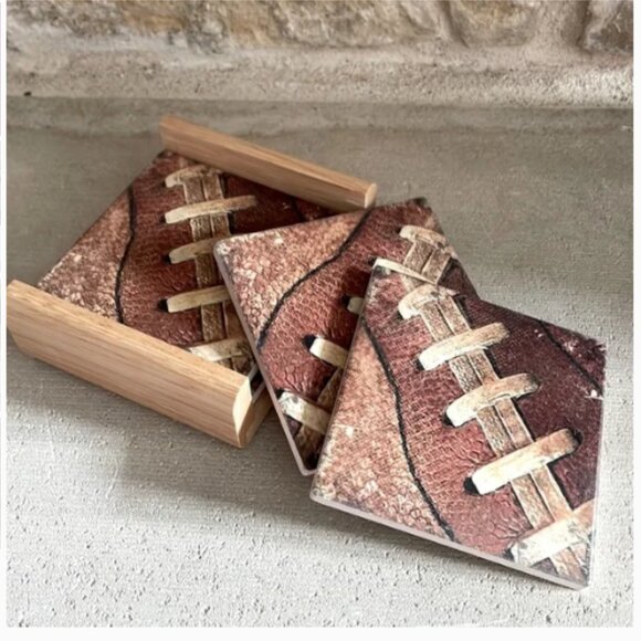 Set of 4 Football coasters and holder cork-back NEW, UNUSED - Picture 1 of 4